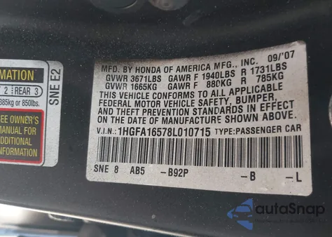 2008 Honda Civic Lx z USA, uszkodzony, nr VIN 1HGFA16578L010715